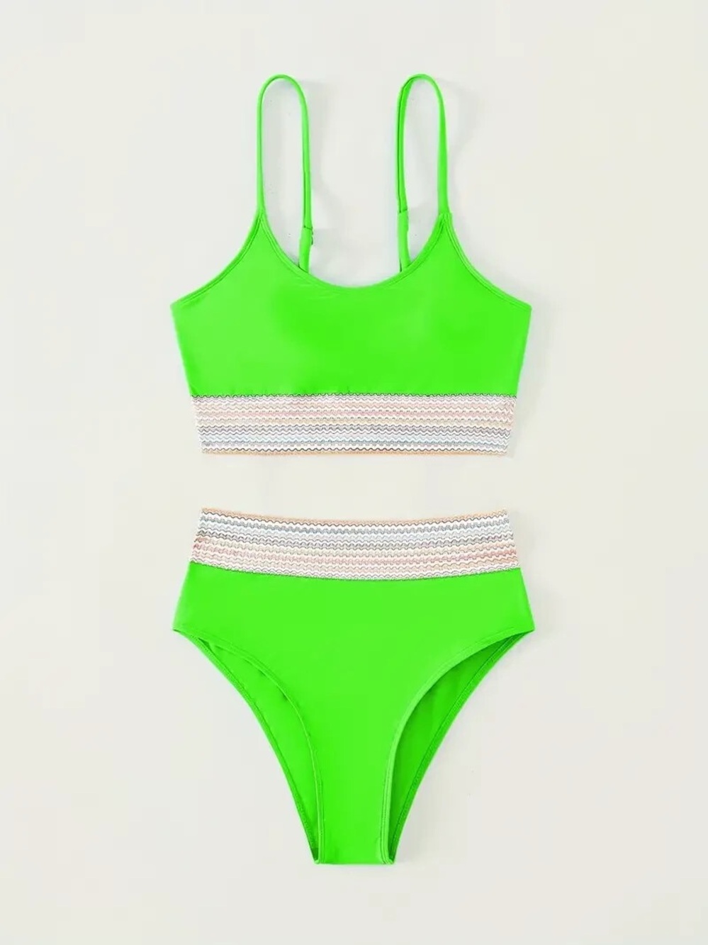 SHEIN Neon Green High Waist Bikini Set with Contrast Elastic Trim